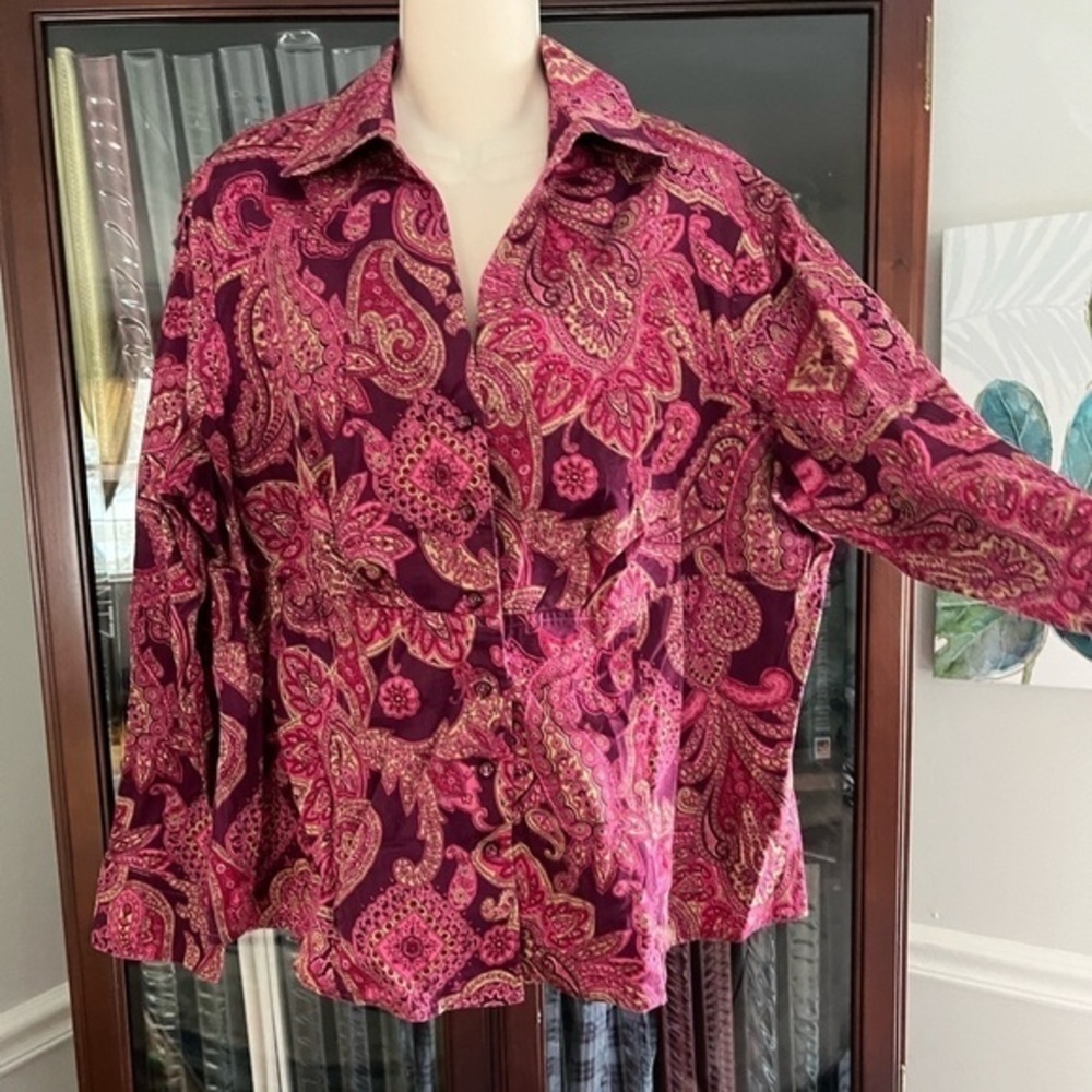 Jones New York Signature Woman Button Down Blouse 2X Pink Paisley Pattern Shirt - Picture 4 of 15